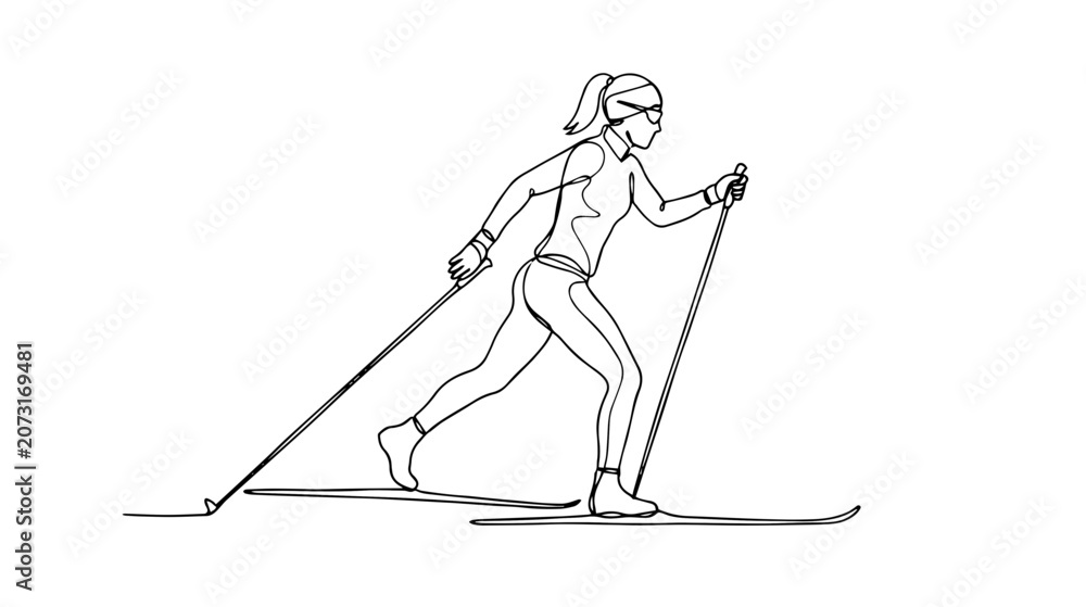 Fototapeta premium Woman cross country skiing in winter sport. Continuous one line drawing illustration