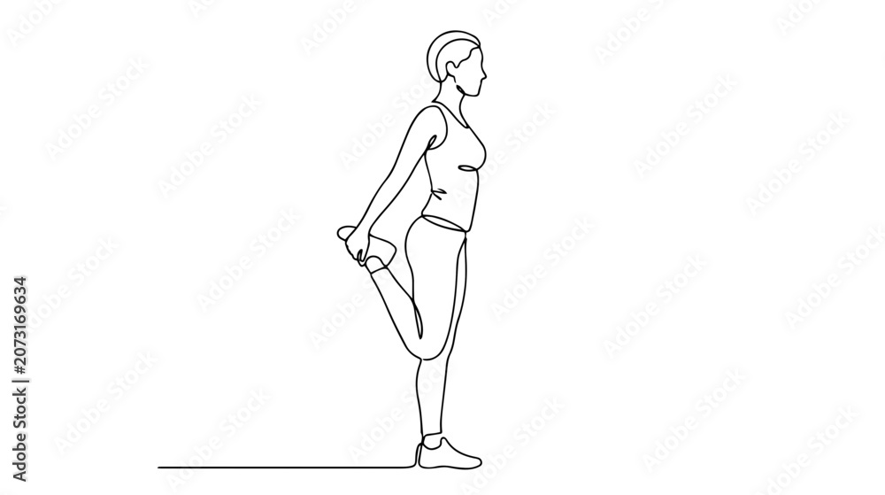 Fototapeta premium Woman stretching leg continuous line drawing. Fitness and warm up exercise concept. Minimalist vector illustration