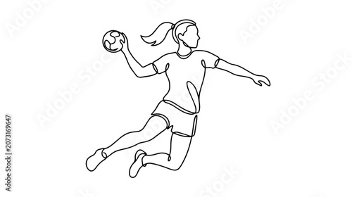 Female handball player jumping to throw continuous line drawing. Sports and competition concept. Minimalist vector illustration