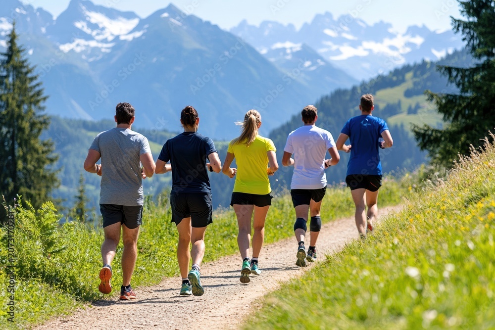Obraz premium Mountain runcation retreat with friends enjoying trail running and wellness travel experiences.