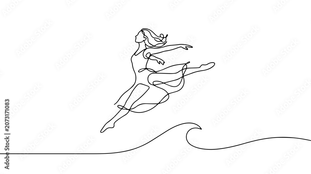 Fototapeta premium Continuous one line drawing of a woman dancing. Minimalist ballet dancer and choreography concept illustration. Single line art graphic
