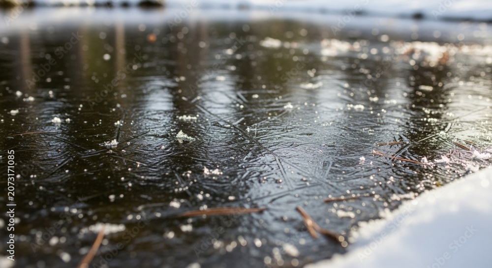 Fototapeta premium A Thin Layer of Fresh Ice Forming on a Serene Mountain Pond