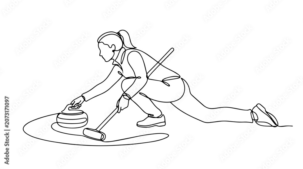 Obraz premium Continuous one line drawing of a woman playing curling. Minimalist winter sport and competition concept illustration. Single line art graphic