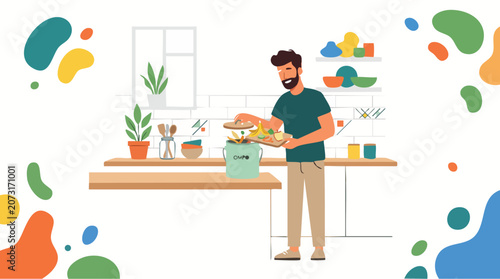 Man gardening plants in colorful modern home office for eco friendly living