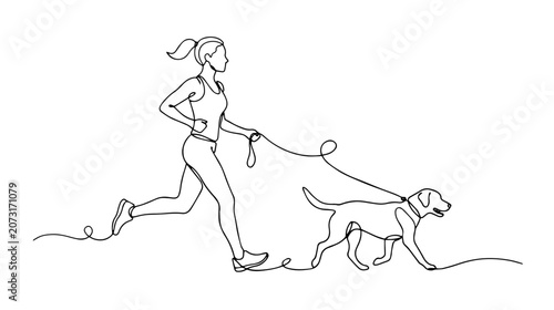 Continuous one line drawing of a woman running with a dog. Minimalist pet owner and fitness concept illustration. Single line art graphic