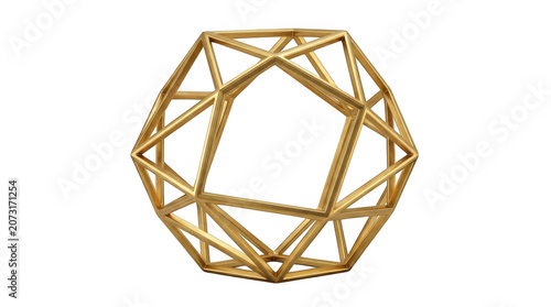 Geometric golden polyhedron object with angular structure during studio lighting isolated on transparent background