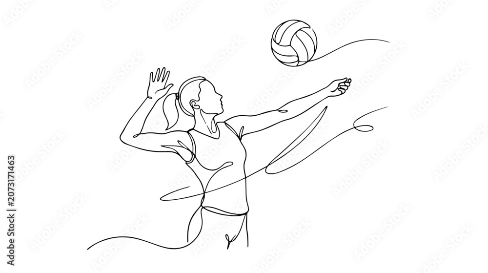 Fototapeta premium Female volleyball player hitting ball continuous line drawing. Minimalist team sport vector illustration