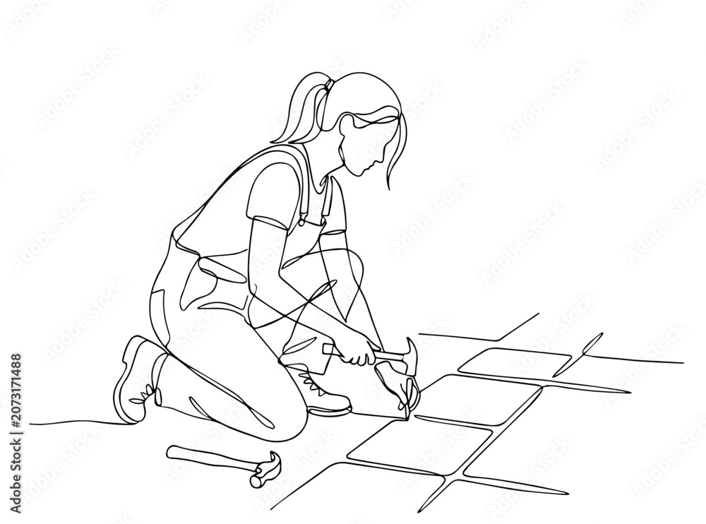 Obraz premium Woman installing floor tiles continuous line drawing. Minimalist home renovation vector illustration