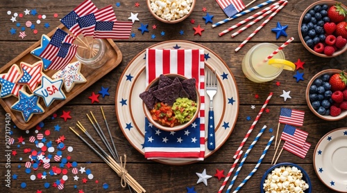 Patriotic 4th of July table setting with American flags and snacks, festive Independence Day food flat lay on rustic wood, red white and blue party decor