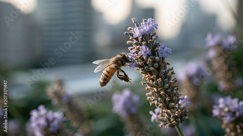 Close-up detail of a honeybee landing on a lavender flower spike on an urban rooftop at summer solstice, soft bokeh of city buildings visible far behind, perfect for pollinator