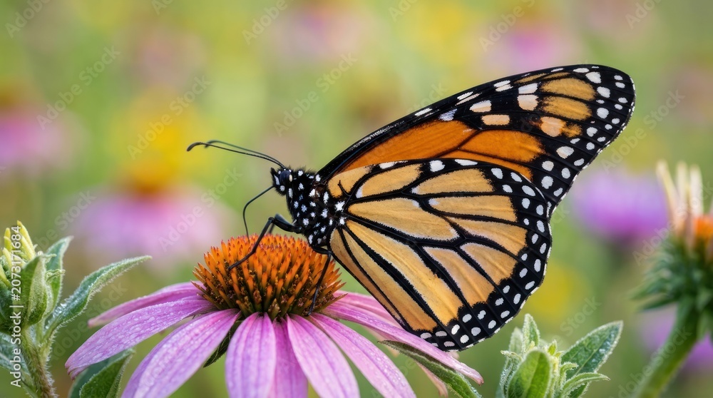 Obraz premium A monarch butterfly perched on a purple coneflower in a garden with a blurred background of other flowers.
