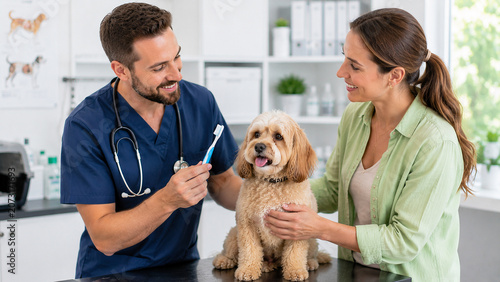 Veterinarian teaching dog owner how to brush dog's teeth at veterinary clinic