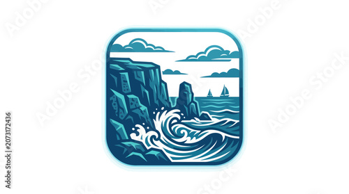 Photos Ocean wave crashing against rocky shore.