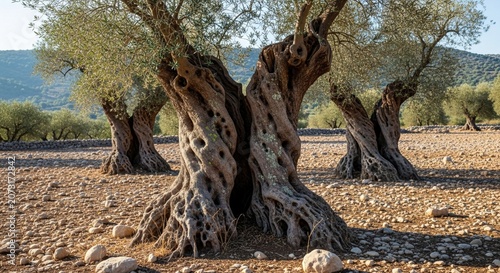 Ancient gnarled olive trees growing in dry stony soil in a sunny landscape