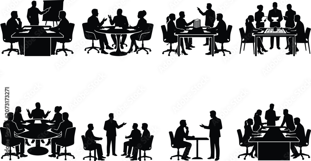 Fototapeta premium Black Silhouette Icons of Business Meetings, Presentations, and Team Discussions