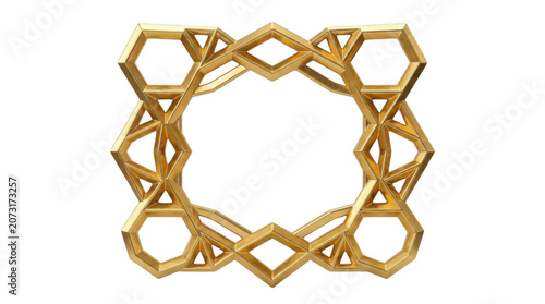 Golden geometric intricate frame with interlocking polygons on a clean surface during a studio shoot Isolated on transparent background