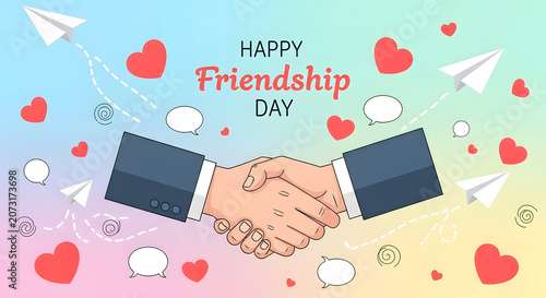 Happy friendship day greeting with shaking hands and paper airplanes, friendship