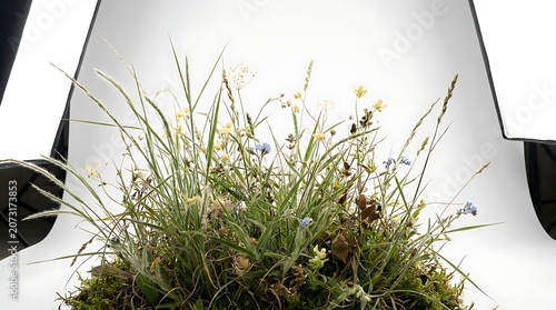 Grass and Wildflowers Blooming in Front of a White Spotlight Backdrop with Soft Natural Light and Fresh Green Tones