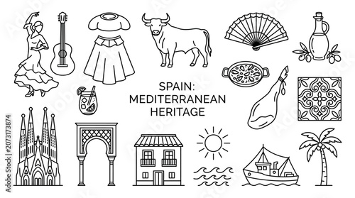 Hand Drawn Minimal Line Art Collection of Spanish Mediterranean Culture and Heritage Symbols featuring Traditional Icons Architecture Food and Folklore Elements on White Background