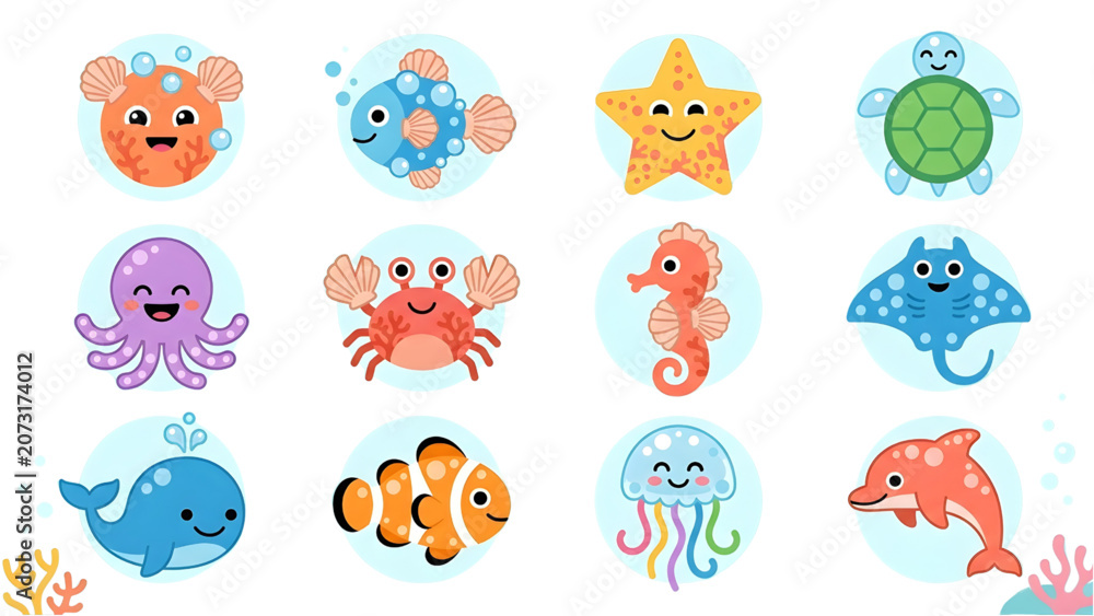 Fototapeta premium Colorful ocean animals, sea creatures icons, stickers set, vector illustrations world Emoji day