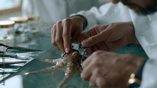 Close-up hands of an octopus researcher fitting a tiny camera harness onto a day octopus in a shallow saltwater tank, tools and specimen jars arranged on a wet surface beside
