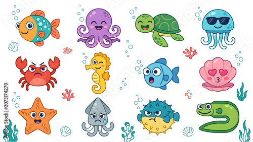 Cute sea creatures, ocean animals, sticker set, 13 vector icons world Emoji  day