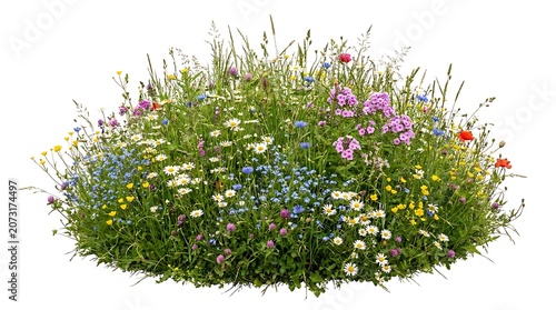 Wildflower Meadow Bouquet with Colorful Blue Pink Yellow Purple Blooms and Tiny Daisy Flowers on Green Grass