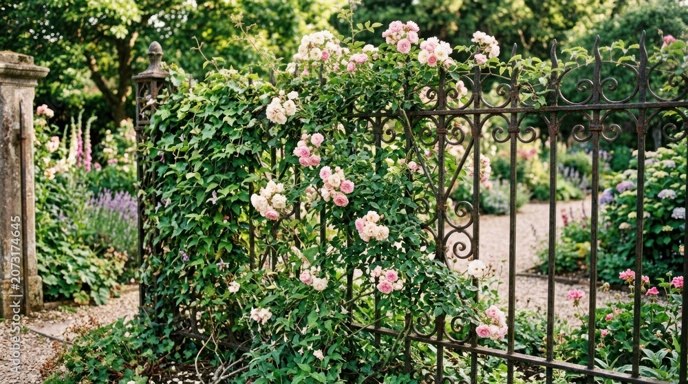Fototapeta premium A lush garden with a wrought iron fence, pink roses, and greenery.