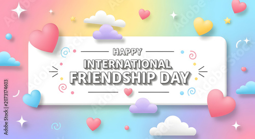 Happy international friendship day greeting card with colorful hearts and clouds