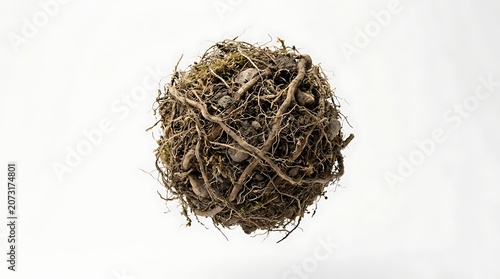 Ball of Dried Plant Matter with Tangled Roots and Small Green Sprouts Isolated on a White Background