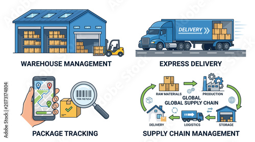 Bild auf Leinwand Illustrated icons depict various stages of global logistics and supply chain management