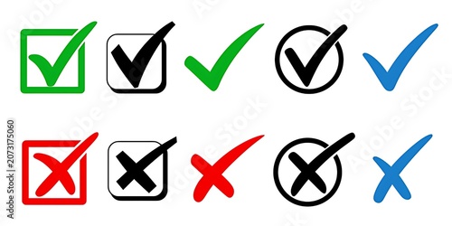 Vector check mark and cross symbols in green red blue black isolated on white background