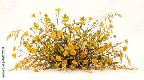 Wildflower Bouquet with Golden Yellow Blossoms and Soft Wheat Grass on a Clean White Background Featuring Floral, Nature, Spring