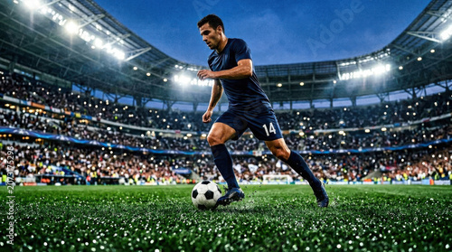 A soccer player in a dark blue kit dribbling a ball on the grass of a large generated using ai
