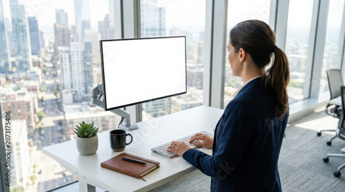 Businesswoman standing at a desk using a computer with a blank screen in a generated using ai