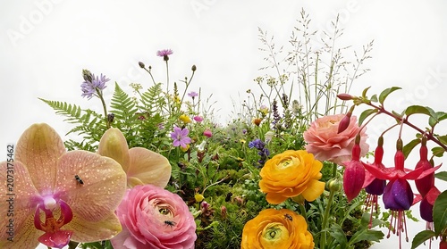 Wildflower Meadow with Colorful Orchids, Roses, and Tulip-Like Blossoms Against a Soft Light Background