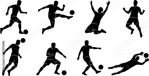 Schilderij op canvas Soccer Football Player Silhouette Icon Set with Men Dribbling, Kicking Volley Sh