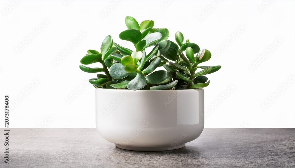 Fototapeta premium Small Jade Plant In White Ceramic Pot Isolated On Transparent Png Background Indoor Succulent Decoration And Houseplant Concept