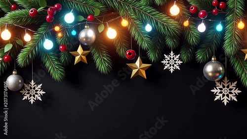Animation Christmas holiday banner with silver ornaments and Pine ิิbranch border on black background.