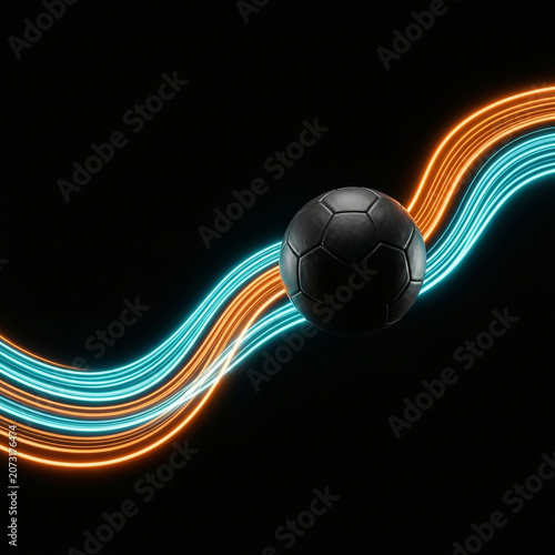 Soccer Ball with Neon Light Trails on Black Background