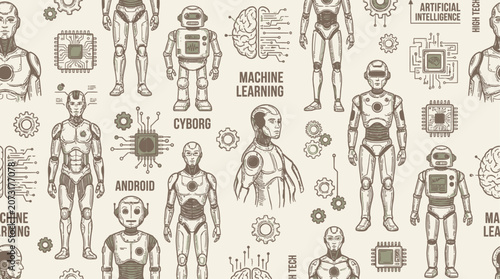 Seamless Pattern of Stylized Artificial Intelligence Humanoid Robots and Futuristic Cyborg Silhouettes on a Digital Tech Machine Background for Innovation and Advanced Engineering Concepts