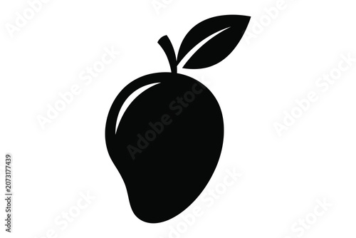 Simple black silhouette illustration of a mango with green leaves