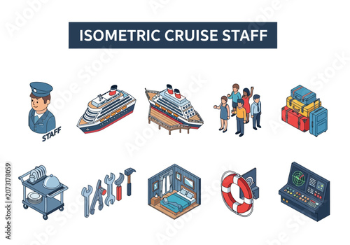 Εκτύπωση καμβά An isometric icon set showing cruise ship staff equipment vessels and passenger