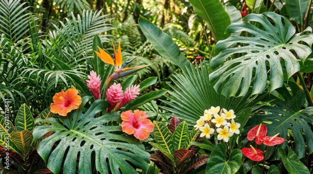 Fototapeta premium Tropical foliage and flowers in a lush garden. The vibrant colors of the flowers contrast with the green leaves. The setting is a tropical rainforest, with a variety of plants and trees.