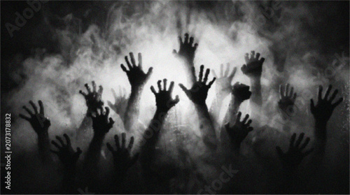 фотографія Multiple hands reaching up grayscale silhouette against a bright background
