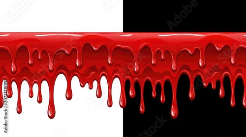 Chocolate dripping red liquid dripping down a black and white background in a realistic style isolated on white background