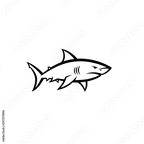 Minimalist black and white vector illustration of a stylized shark mascot.