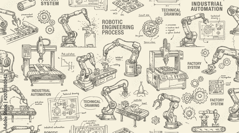 Fototapeta premium Futuristic Industrial Robotic Arm Engineering Process Seamless Pattern Illustration for Advanced Technology Factory Automation and Mechanical Machine Systems Design