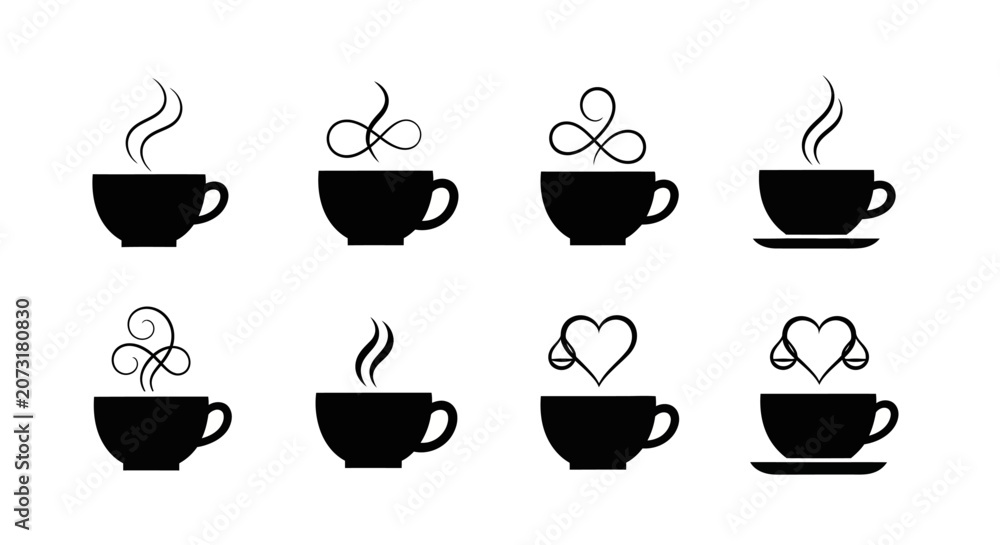 Fototapeta premium Hot beverage coffee cup silhouettes with steam swirls infinity symbols and heart shapes representing love and eternal passion for morning caffeine rituals