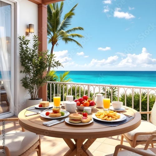 Continental breakfast table setup, hospitality marketing image